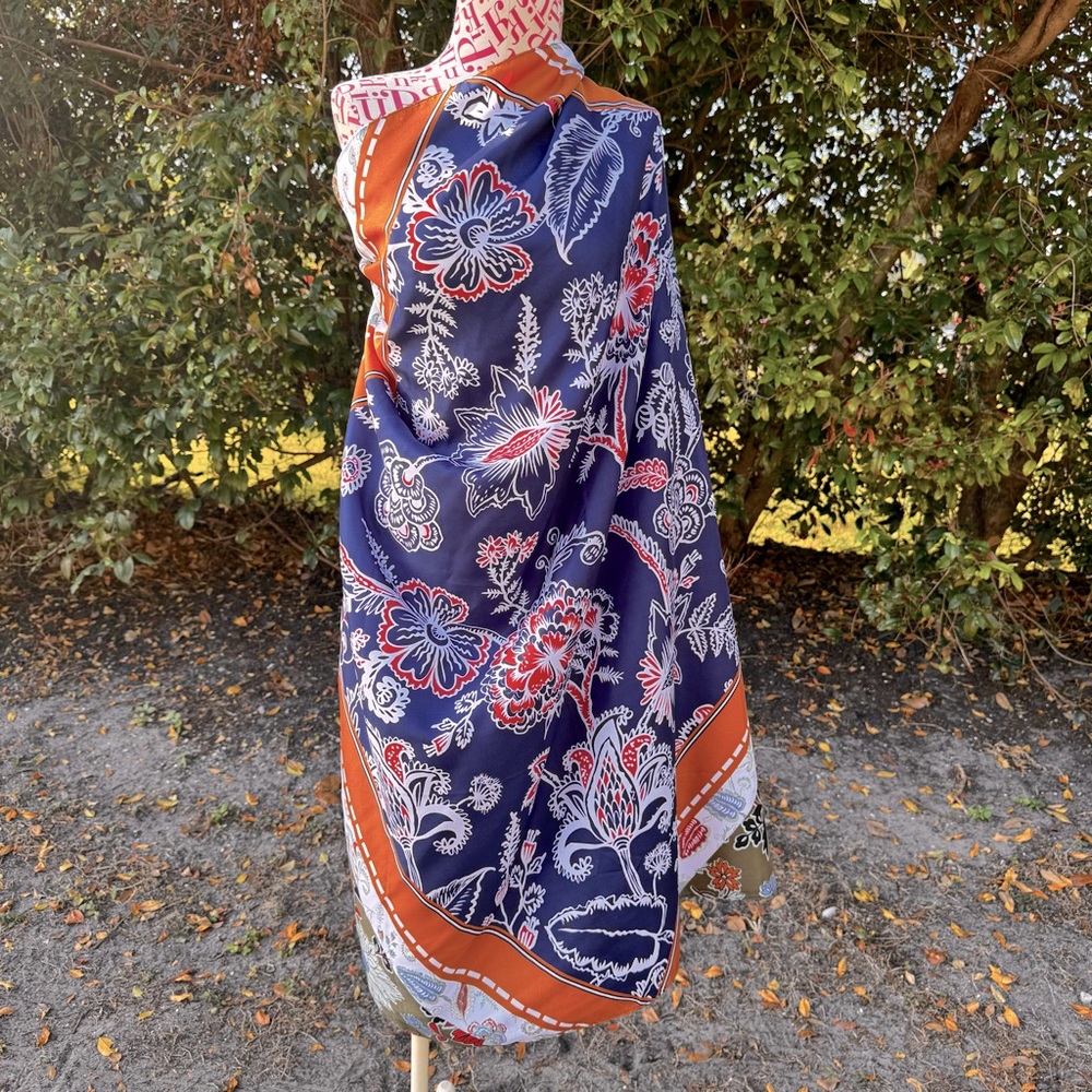 Chicos Large Oversized Blue Floral Scarf Wrap Beach Coverup 42”x42”